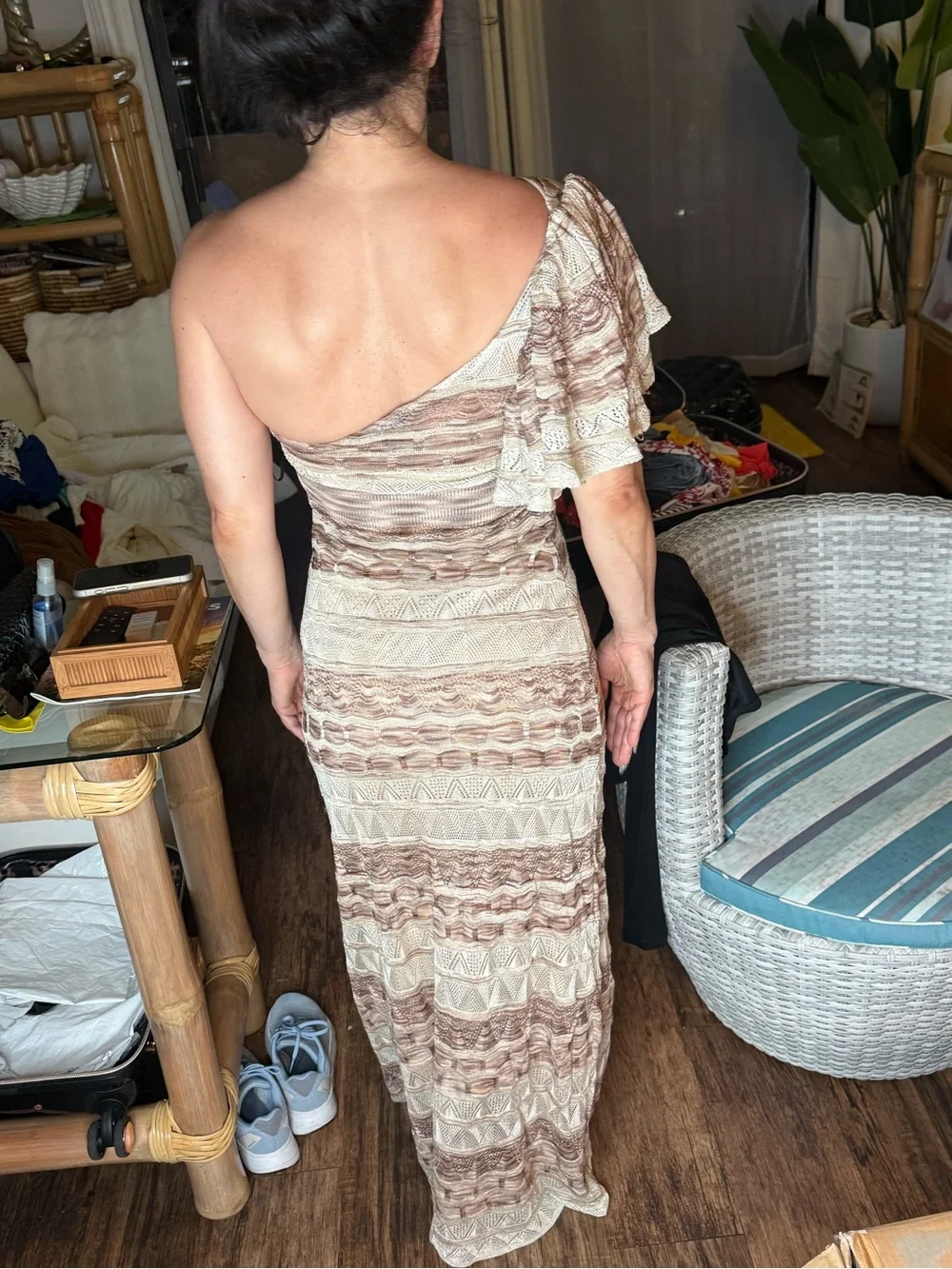 bebe One-Shoulder Knit Maxi Dress in Beige and Brown Stripes - Picture 4 of 4